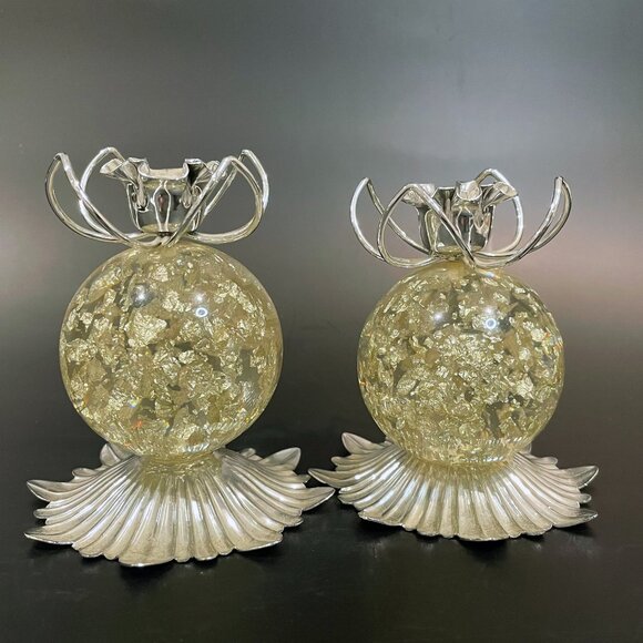 Vintage Lucite Ball Candle Holders Clear with Silver Flecks Metal Top and Base - Picture 2 of 5